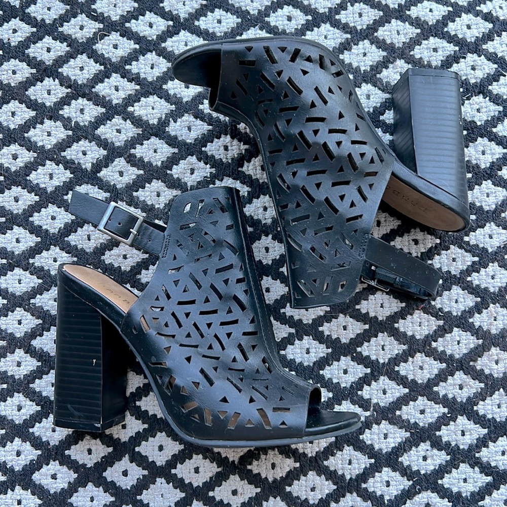 Bamboo black laser cut heeled booties with open heel